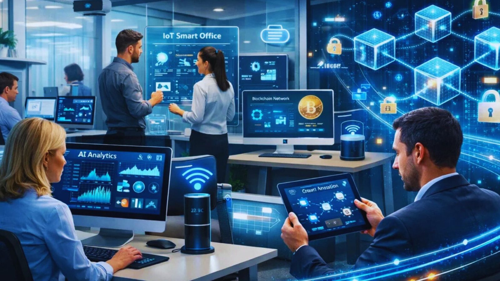 Business professionals collaborating at computers in a modern office environment.