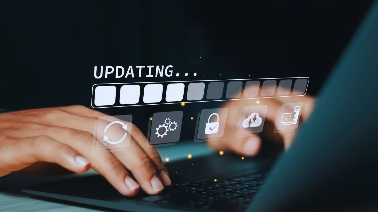 Laptop screen with a visible update process, featuring a progress indicator and percentage.

