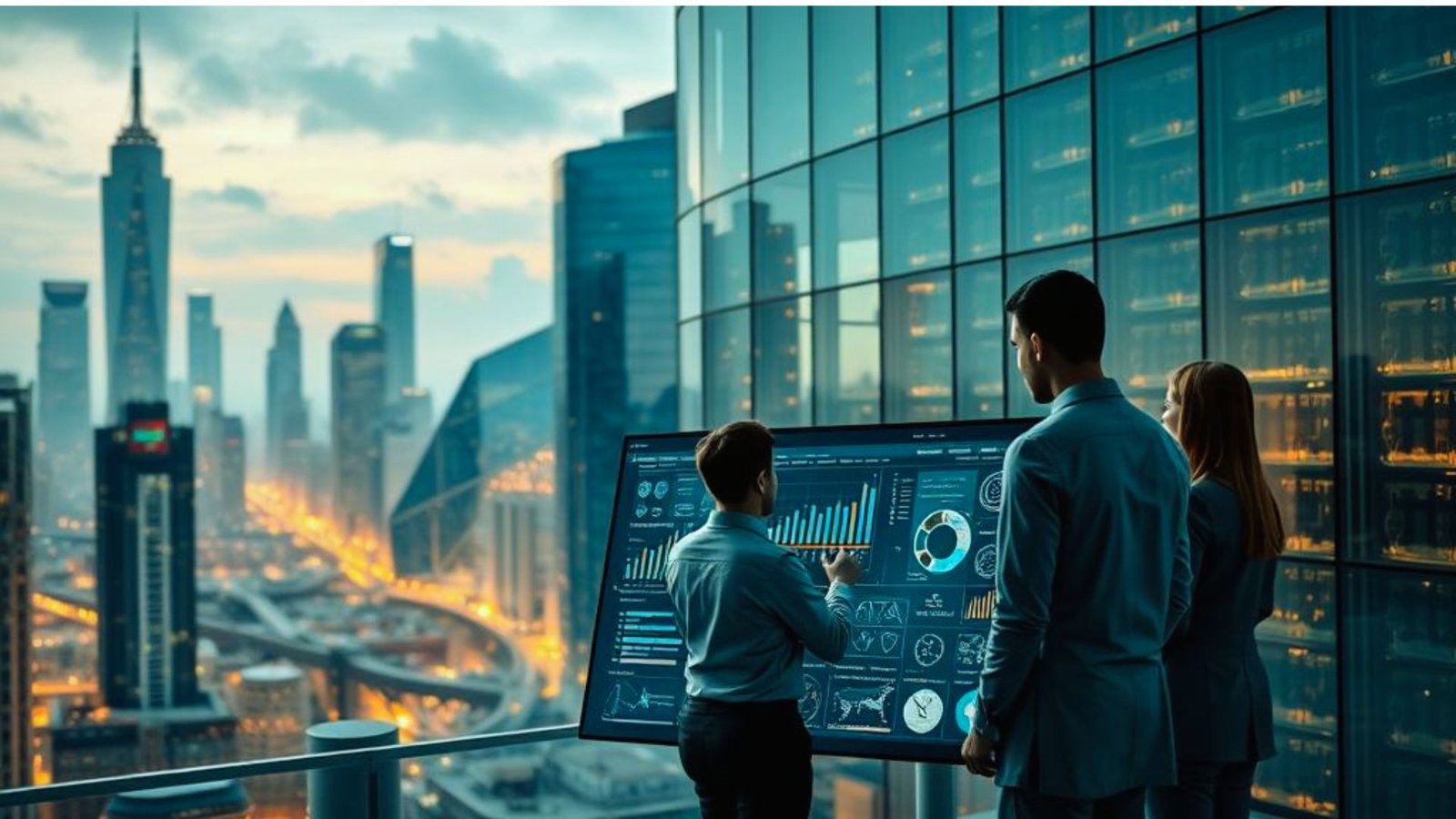 Business professionals analyzing data on a screen, with a city skyline visible in the background.