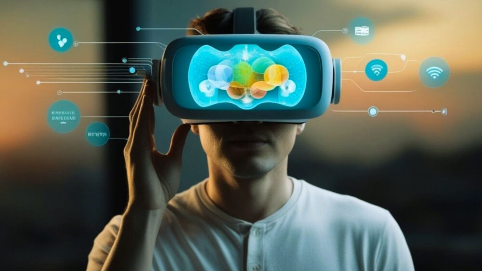  A man wearing a virtual reality headset, immersed in a digital experience.