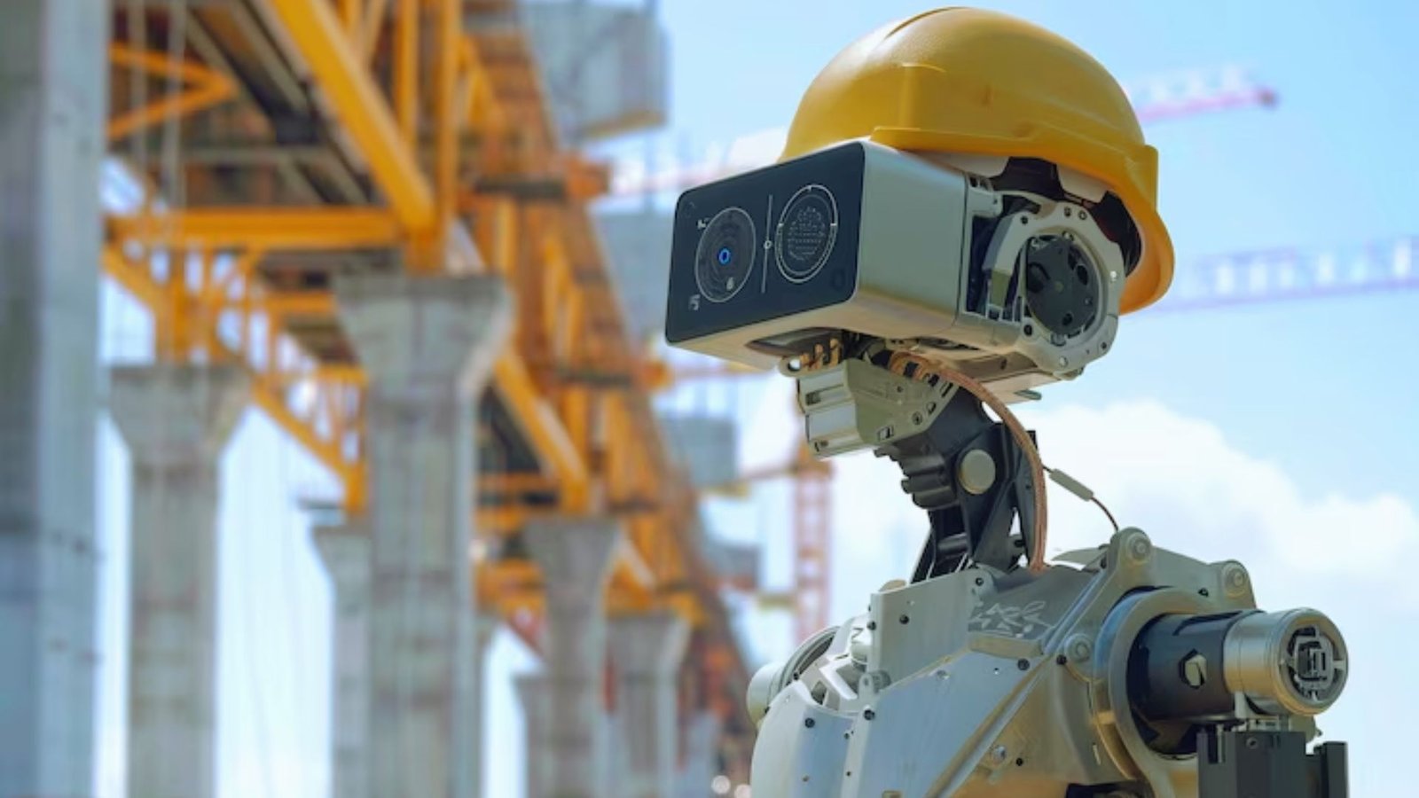 A robot wearing a hard hat and a helmet, symbolizing safety and construction work.
