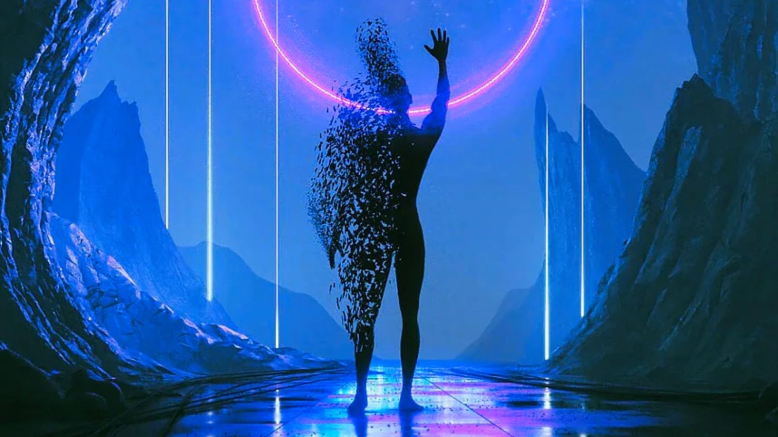 A man stands with his hands raised in front of a blue light, creating a dramatic silhouette against the backdrop.
