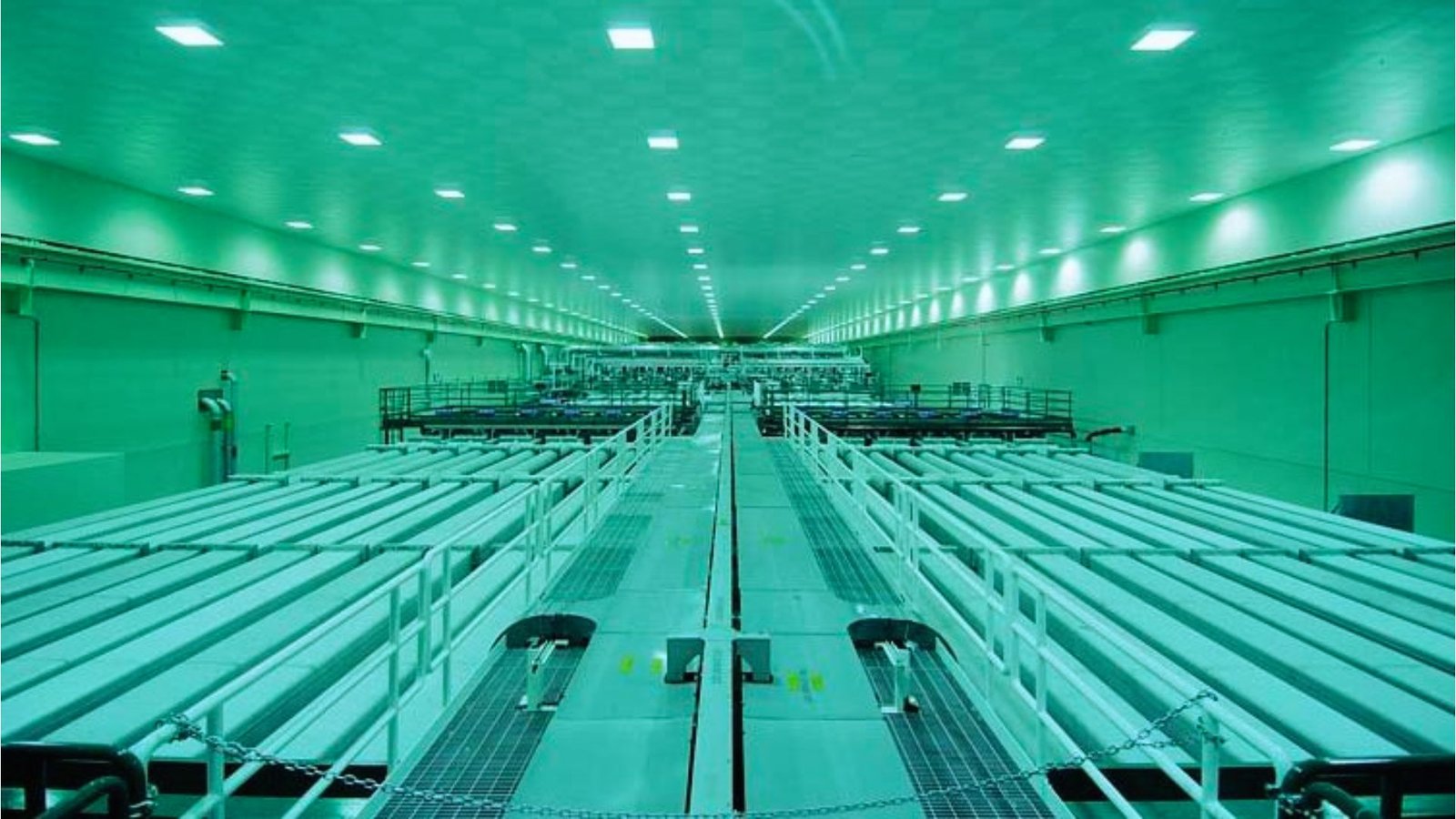  A long row of metal tables arranged neatly in a spacious room.