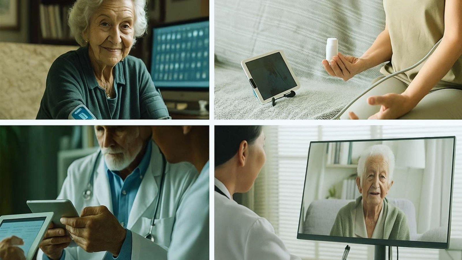 Four images: a woman using a tablet, a man, and an older woman engaged in conversation.