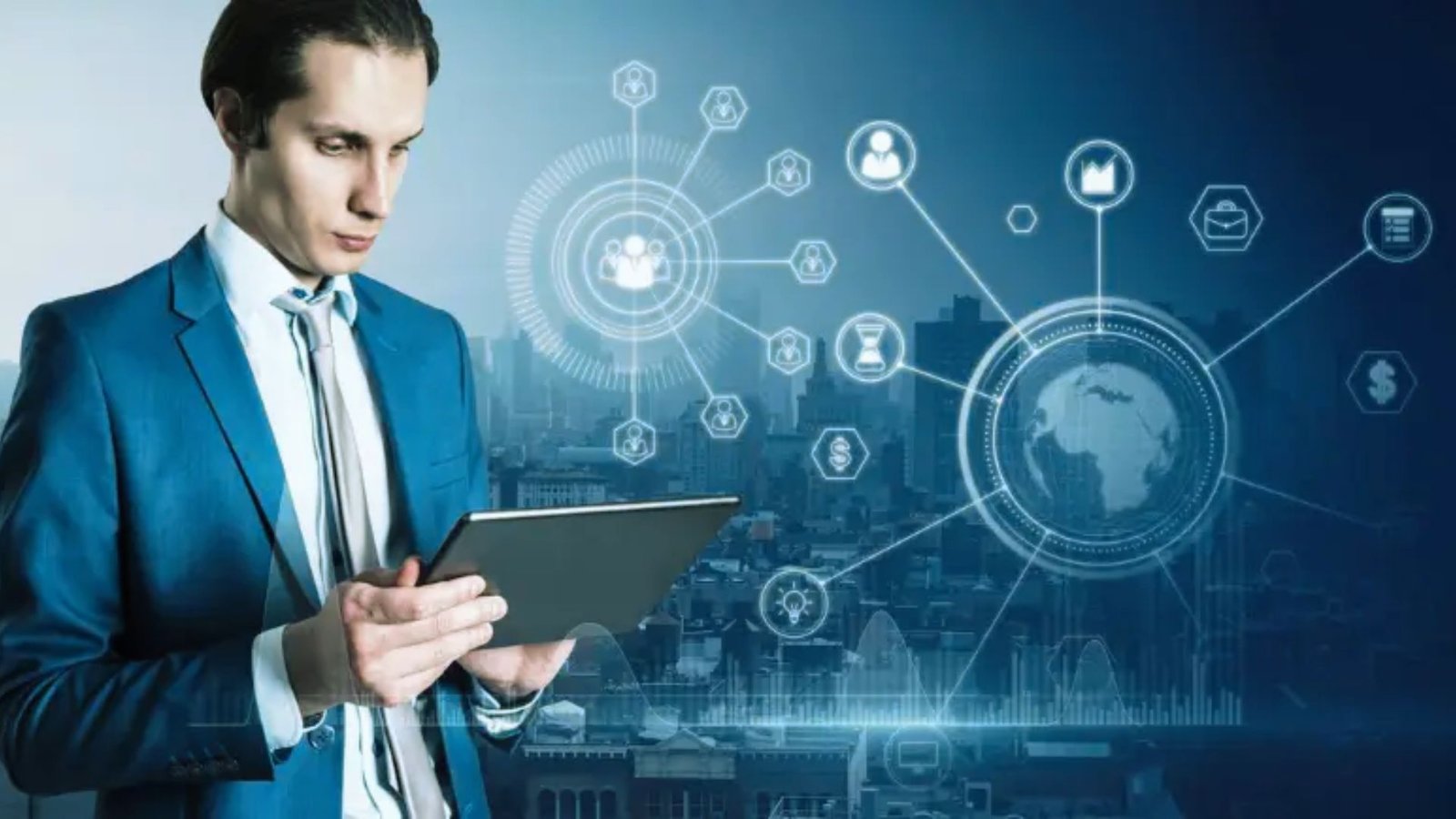 . A man in a suit holds a tablet displaying various icons, suggesting technology and business themes.
