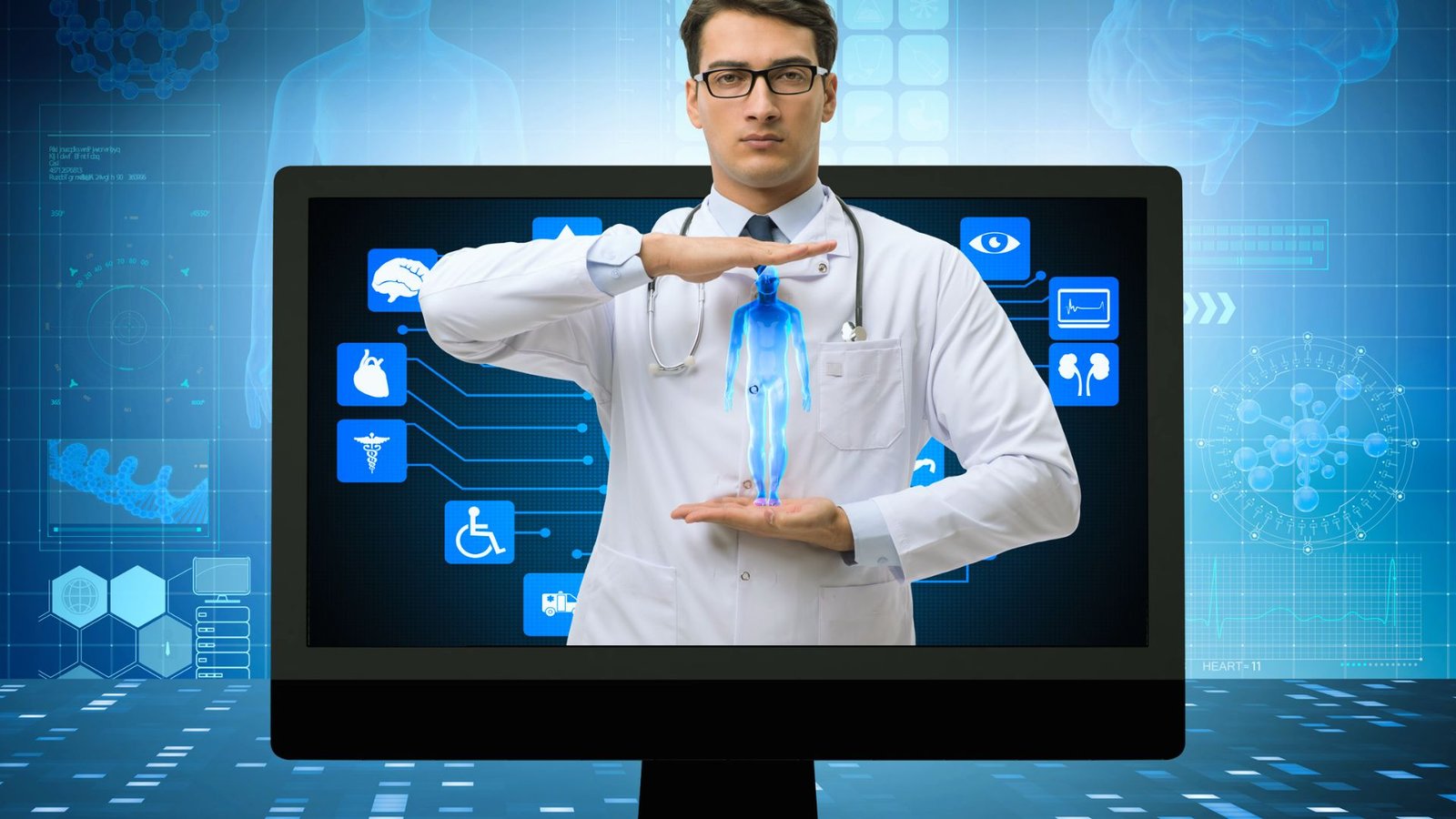 A man in a white coat holds a tablet displaying a digital image, showcasing his work or presentation.