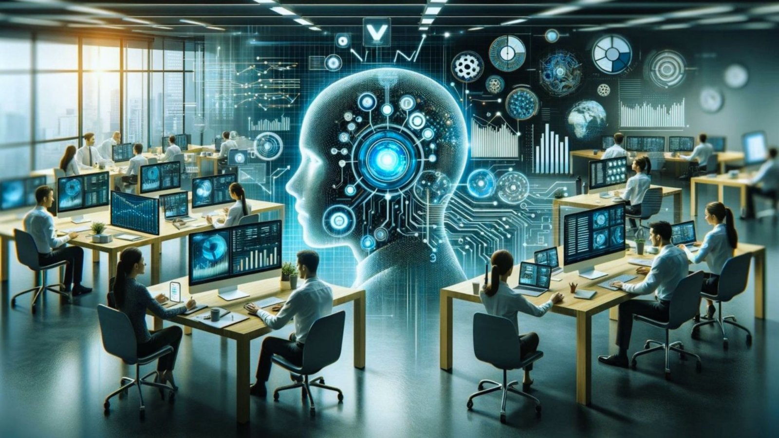  A futuristic workspace featuring AI technology, symbolizing the evolution of work in the digital age.
