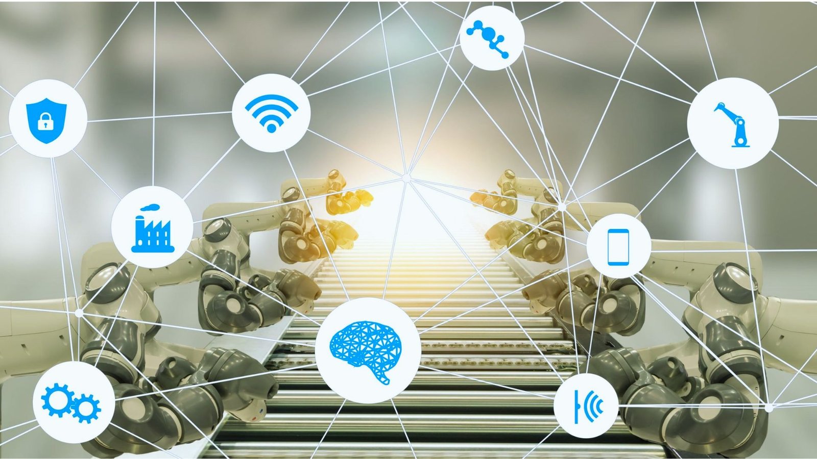 A futuristic factory scene showcasing advanced automation technologies in manufacturing, highlighting robotics and AI integration.