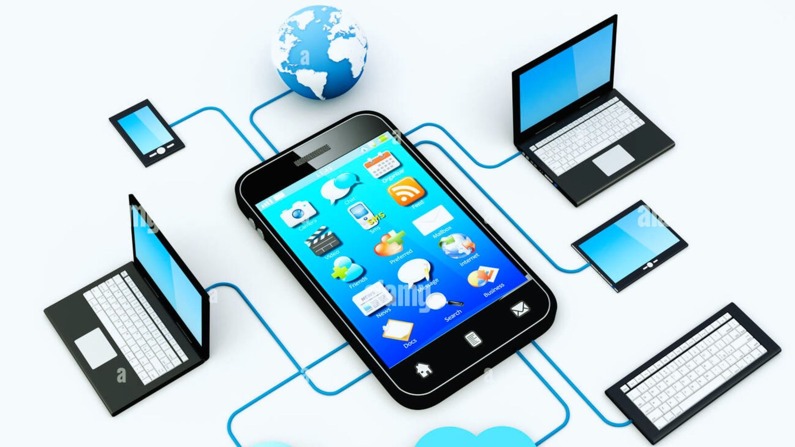  Mobile devices displaying cloud icons, illustrating the concept of connectivity to cloud computing services.
