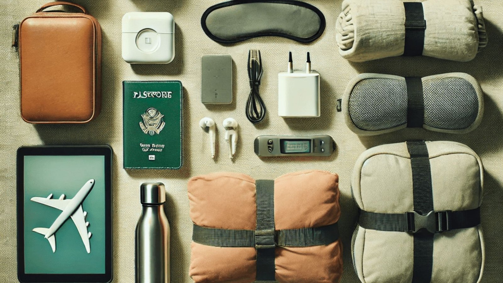 A collection of travel essentials including a suitcase, passport, map, and travel-sized toiletries arranged neatly.
