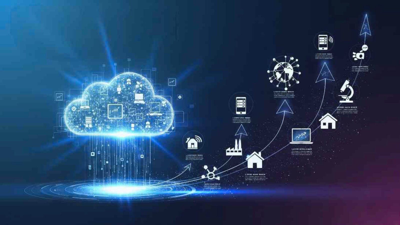 A digital illustration representing cloud computing as the future of business, featuring cloud icons and data flow graphics.