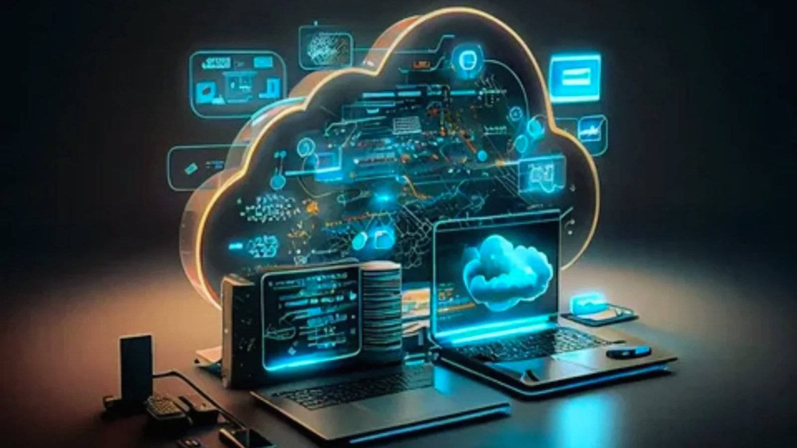 . A digital illustration representing cloud computing as the future of business, featuring cloud icons and data connections.
