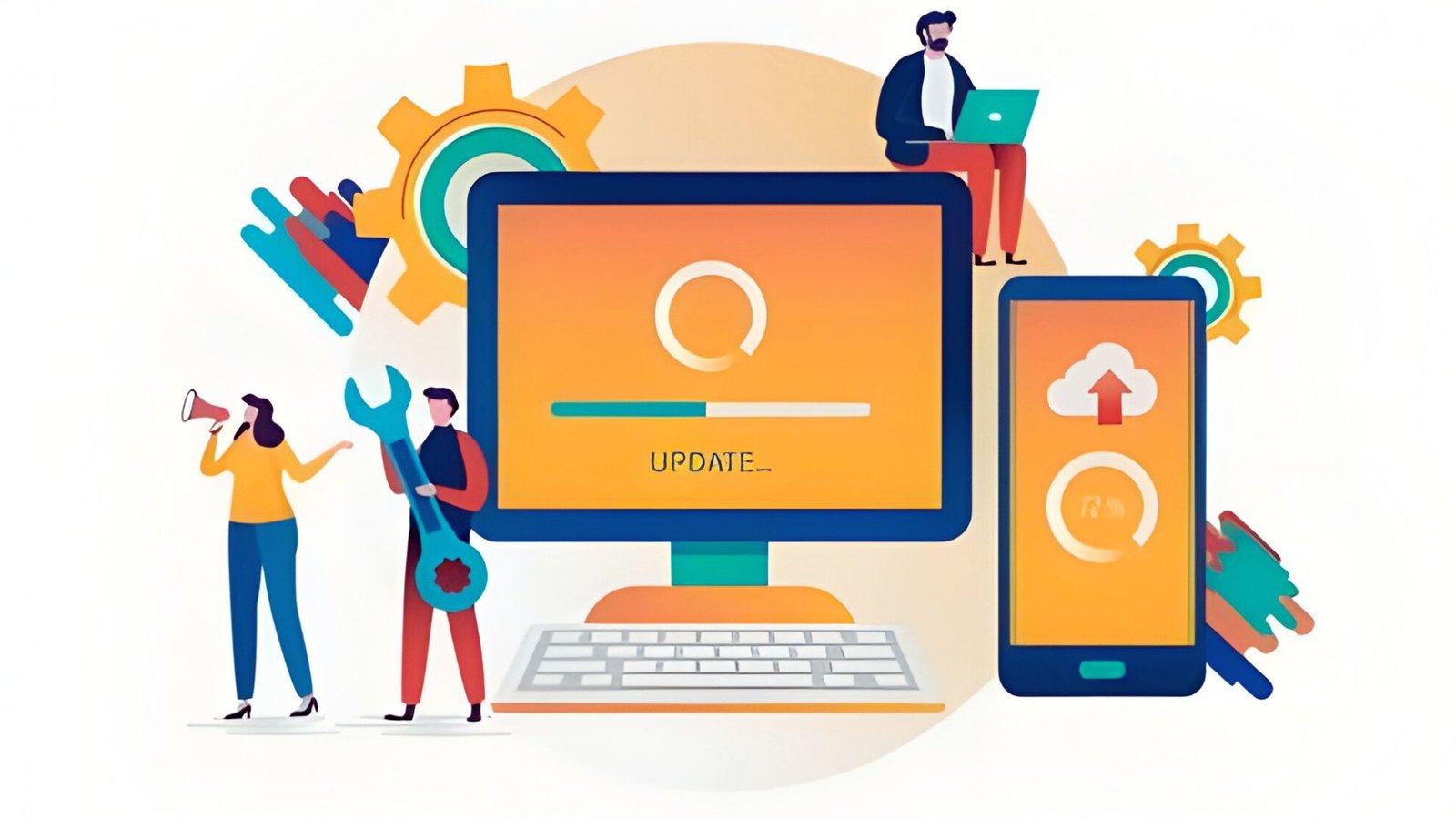  A group of people collaborating at a computer displaying the letters "qq" on the screen.