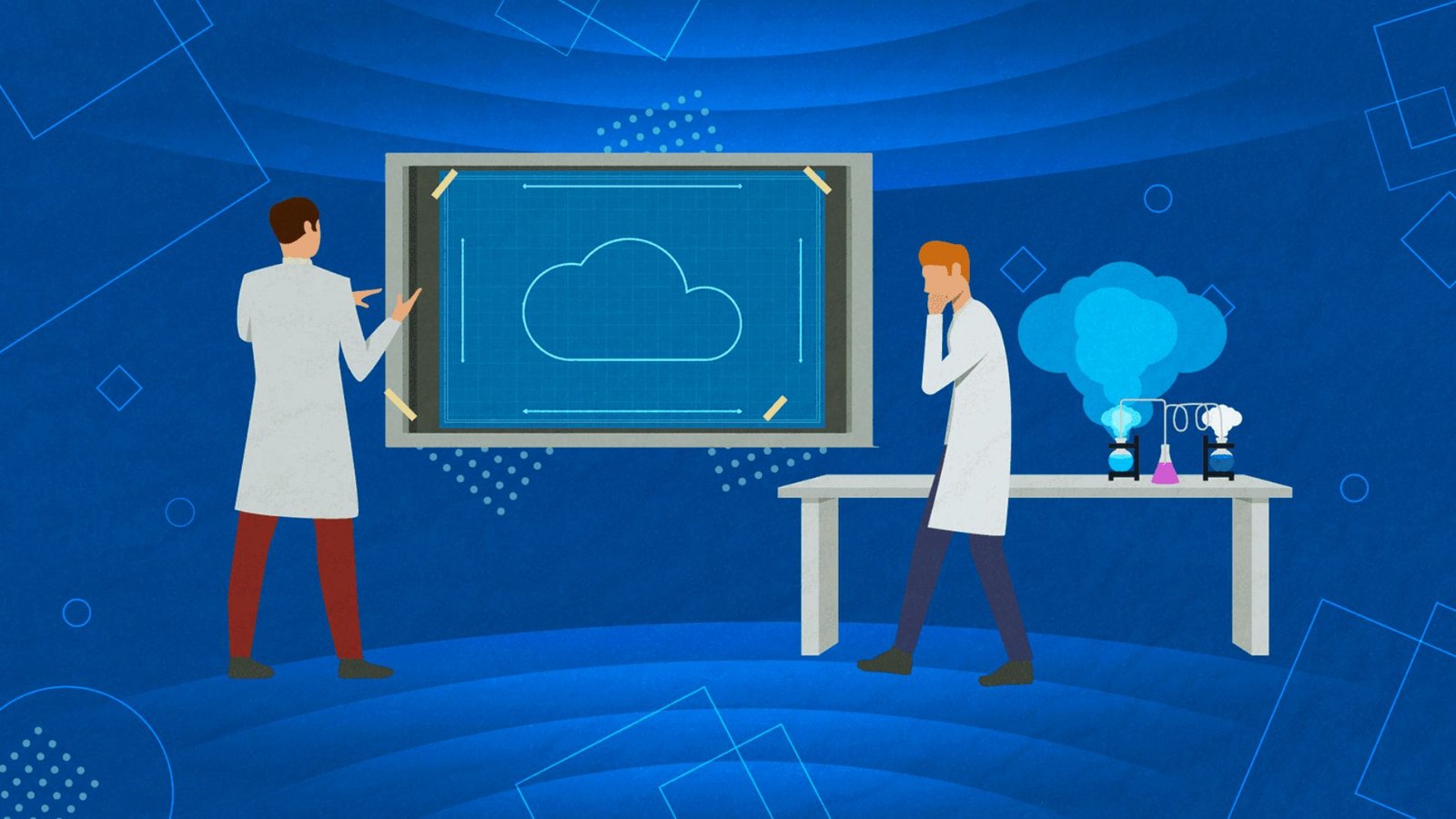  Two people in lab coats stand by a computer screen displaying a cloud, indicating a focus on cloud technology.
