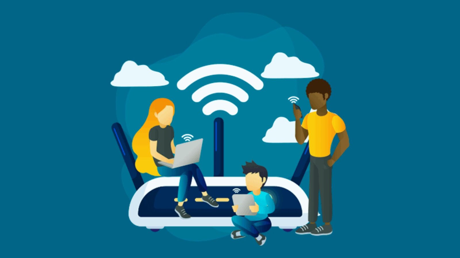  A family sits together on a couch, using a laptop connected to Wi-Fi, enjoying time together at home.