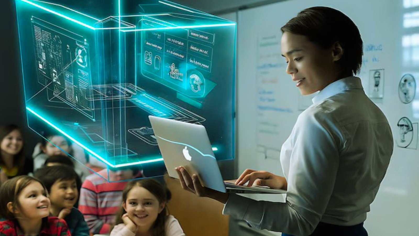 A woman is seated at a desk with a laptop, teaching in front of a classroom filled with students.