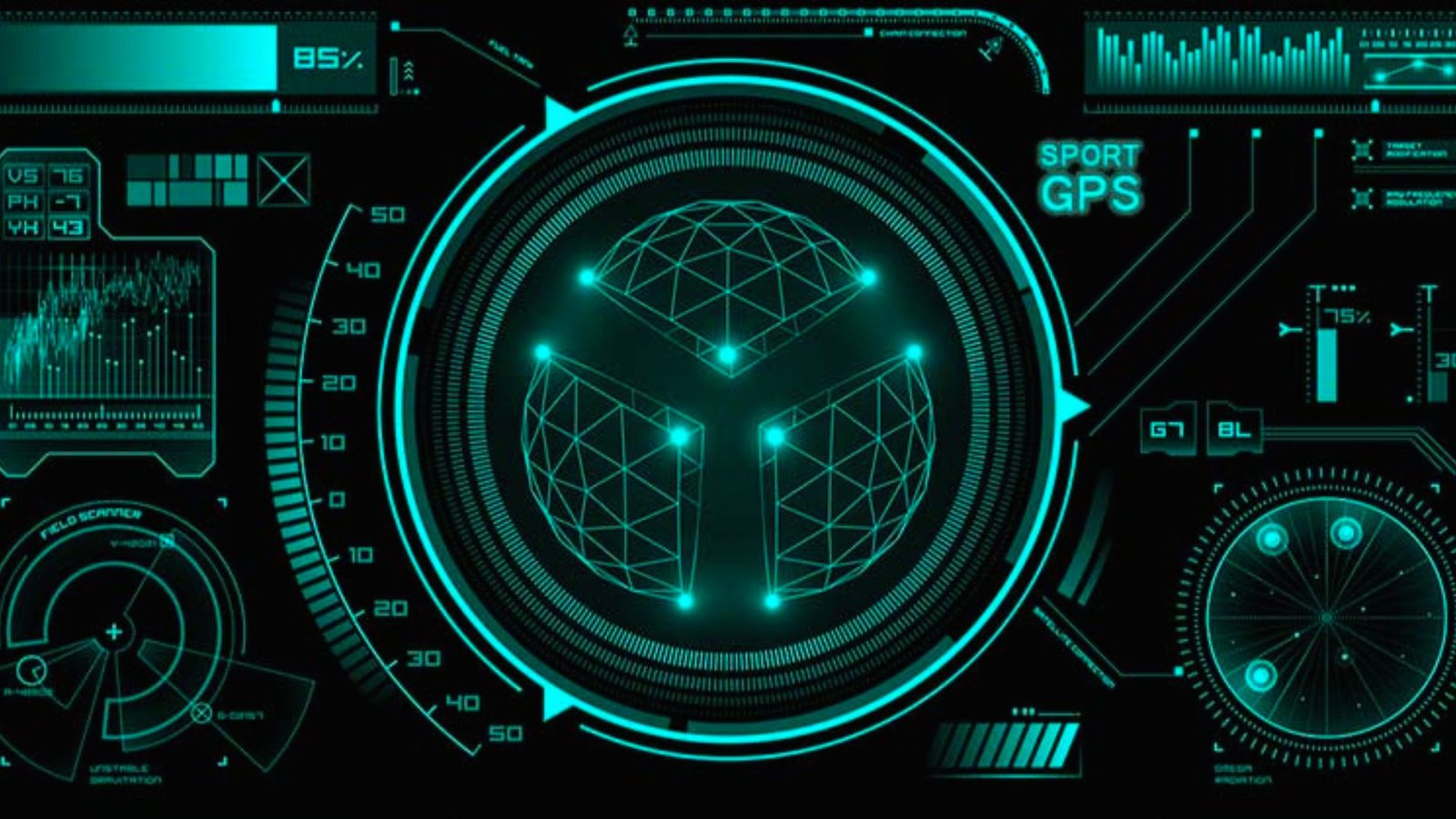 A futuristic interface displayed against a green and blue gradient background, showcasing advanced technology elements.