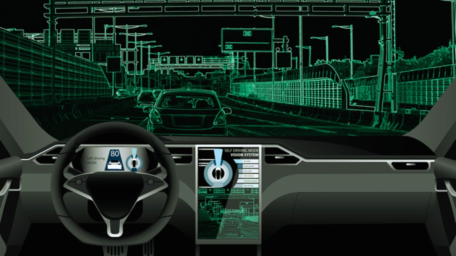 Interior of a car featuring a bright green screen, likely for filming or virtual background purposes.