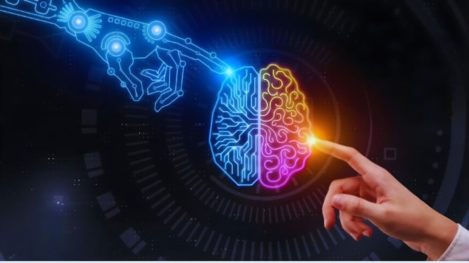 A hand points at a brain while a robotic arm hovers nearby, symbolizing the intersection of human intelligence and technology.