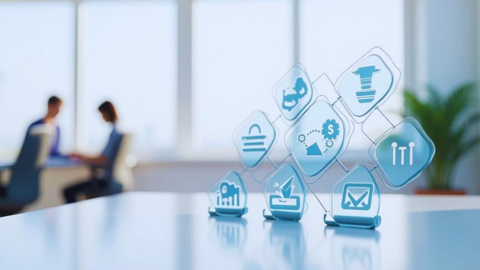 Business professionals seated at a table with various icons representing ideas and collaboration.