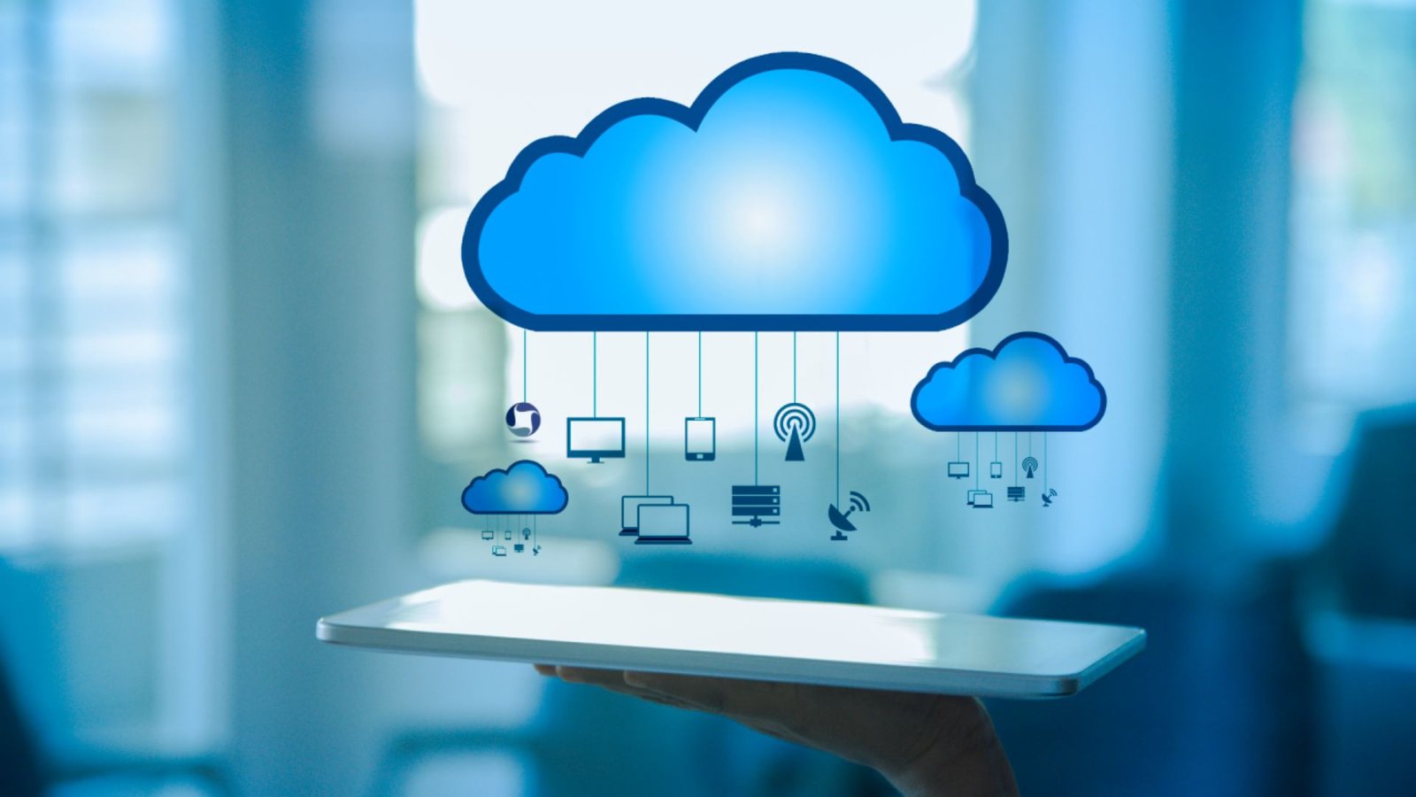  Illustration of cloud computing with business icons, symbolizing digital transformation and data management solutions.