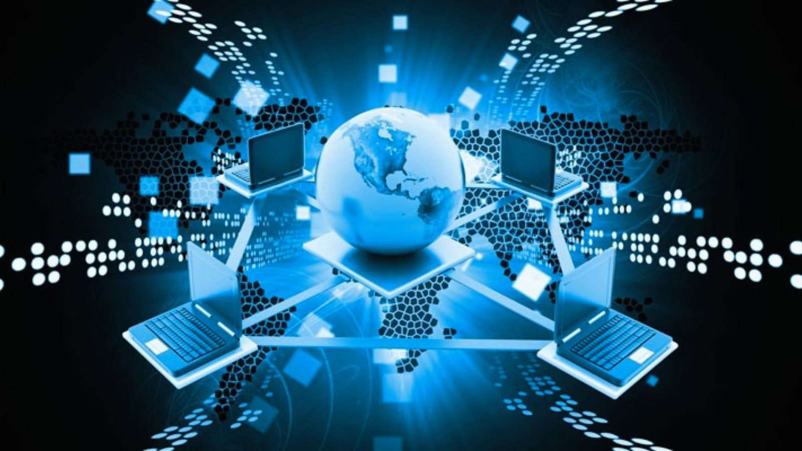  A globe encircled by various computers and digital devices, symbolizing global connectivity through the internet.