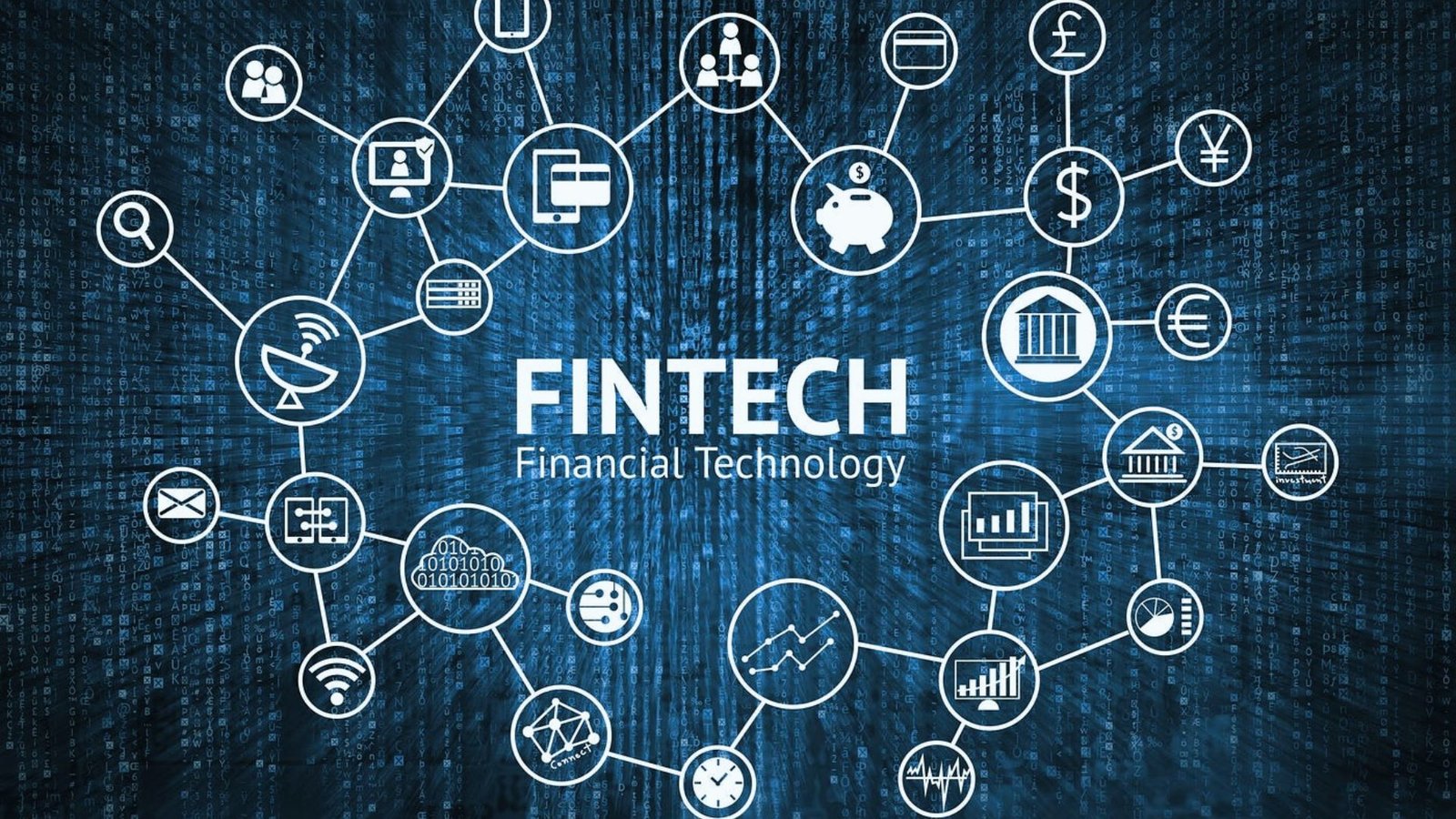  Fintech concept illustrated with various icons on a modern digital background, symbolizing financial technology advancements.
