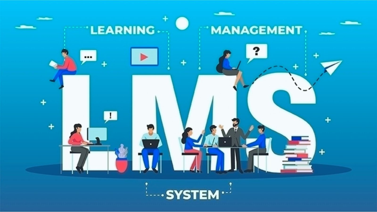 Illustration of a learning management system concept with digital tools and educational icons representing online learning.
