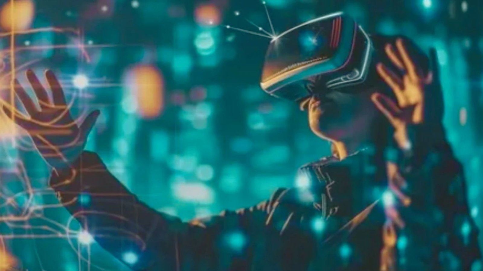 A person wearing a virtual reality headset, fully immersed in a digital environment, with hands raised in excitement.
