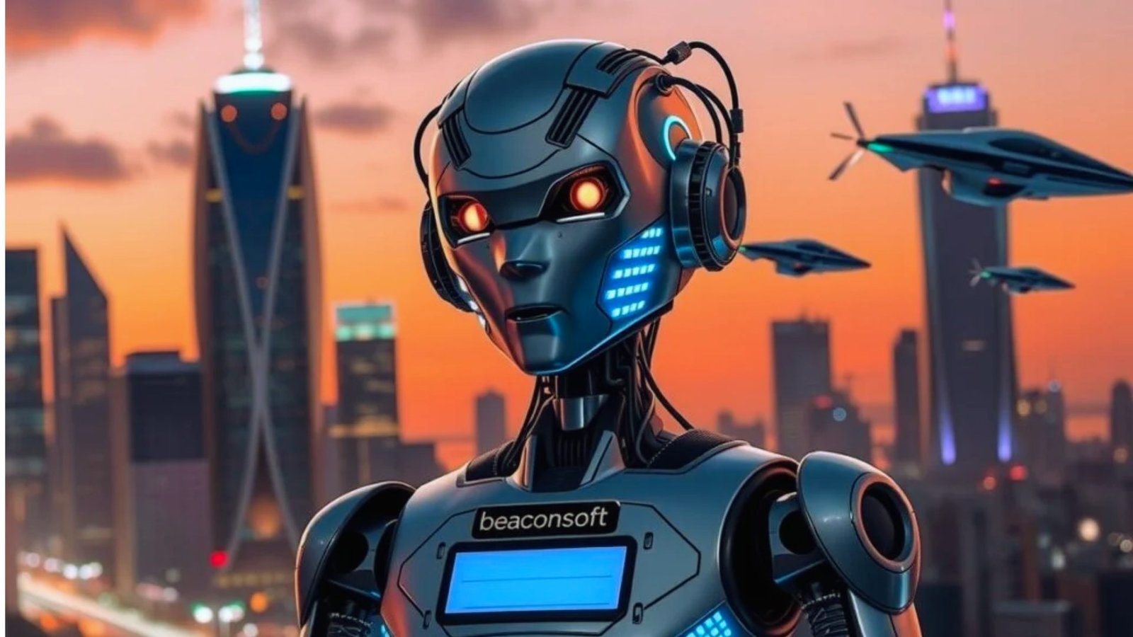 A robot stands in front of a city skyline, showcasing a blend of technology and urban architecture.