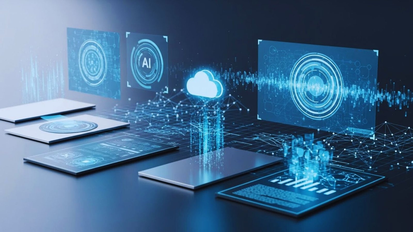 A futuristic representation of cloud computing, showcasing advanced technology and interconnected digital networks.