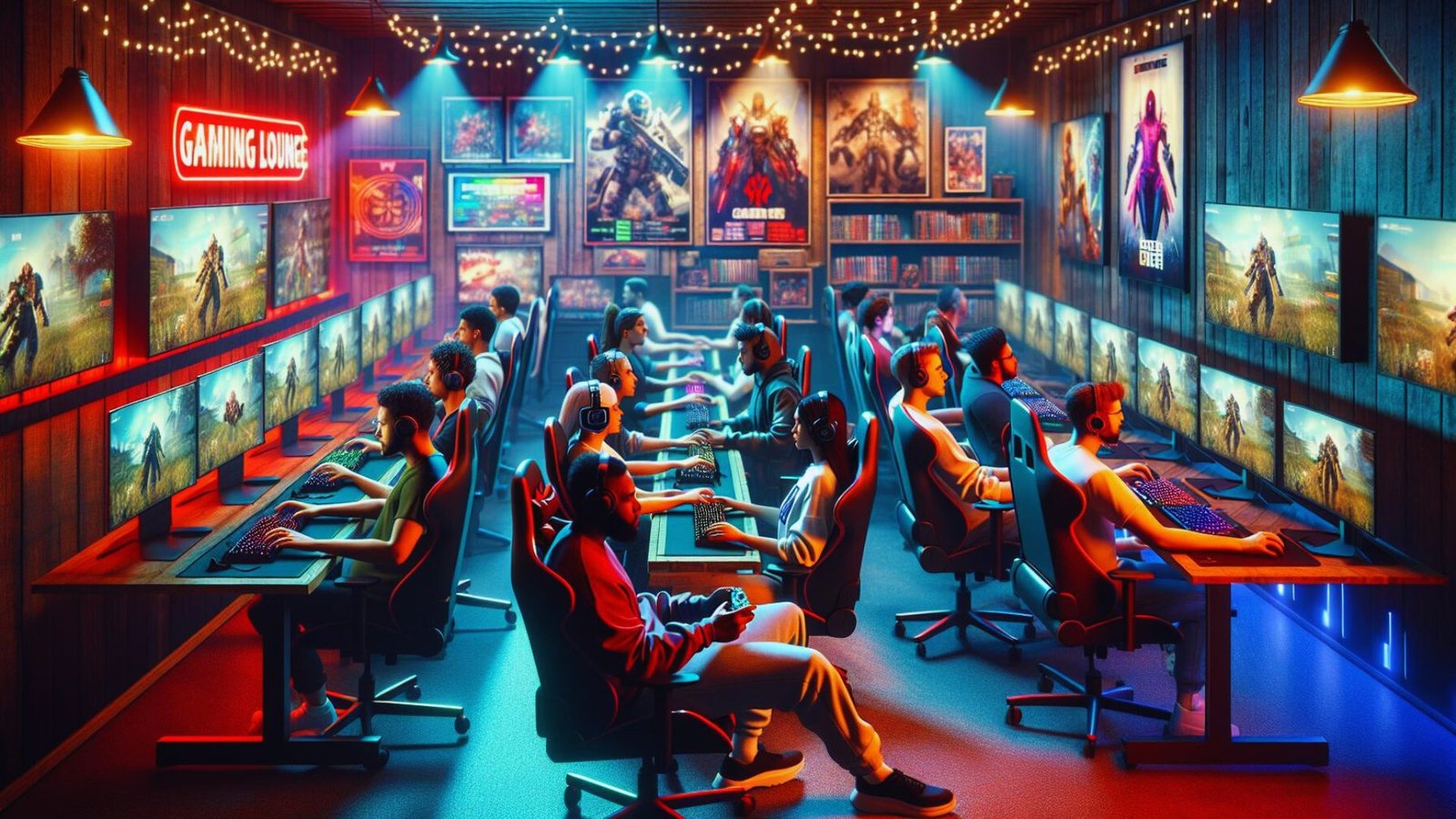  A group of people gathered in a room, engaged in playing video games together on multiple screens.