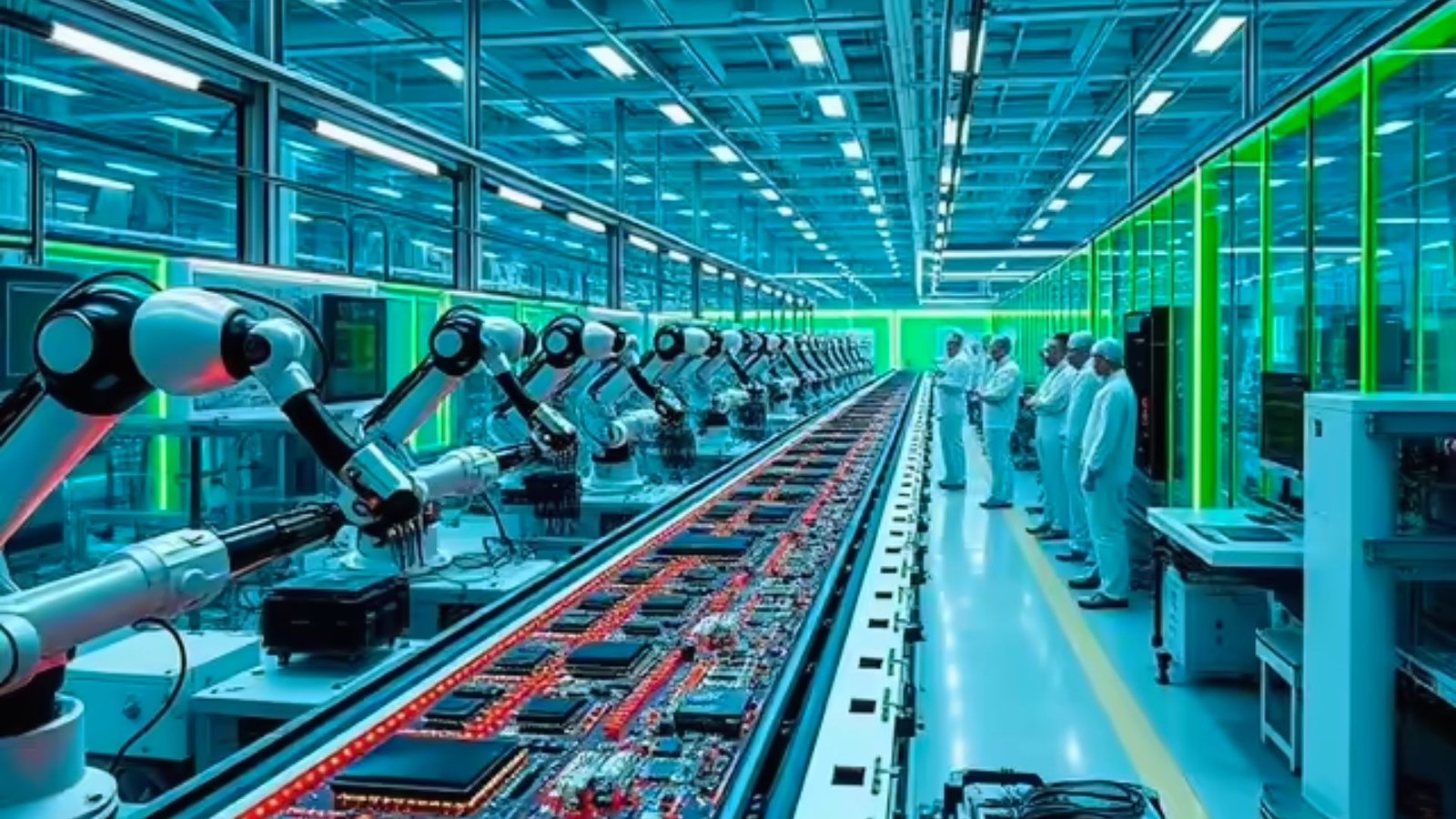  A factory scene showing robots working alongside human workers in a collaborative manufacturing environment.
