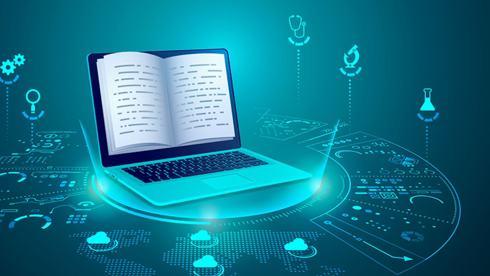 Laptop beside an open book with scientific icons on a blue background, symbolizing research and learning.
