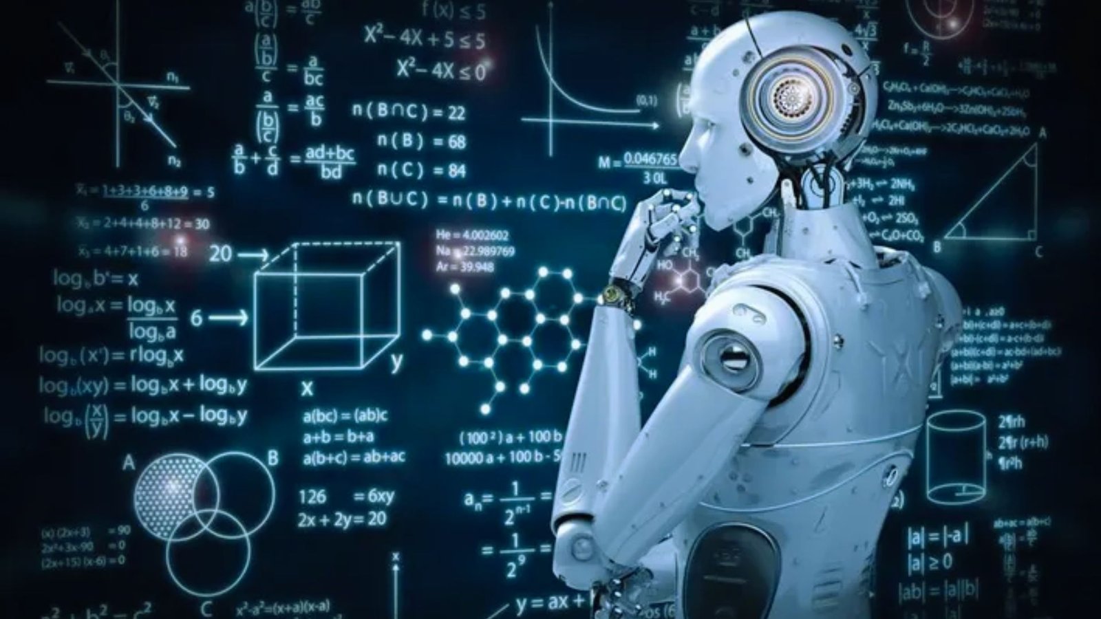 A robot stands in front of a computer screen filled with complex mathematical formulas and equations.