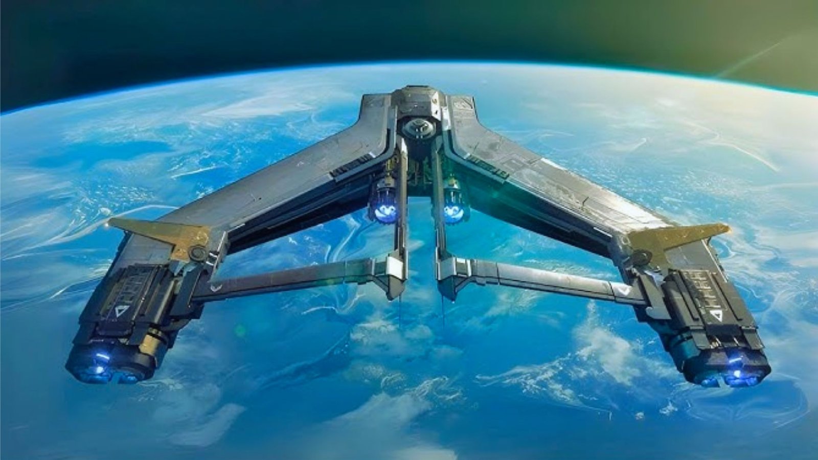 A spaceship soars above Earth, showcasing the planet's curvature and vibrant blue atmosphere below.