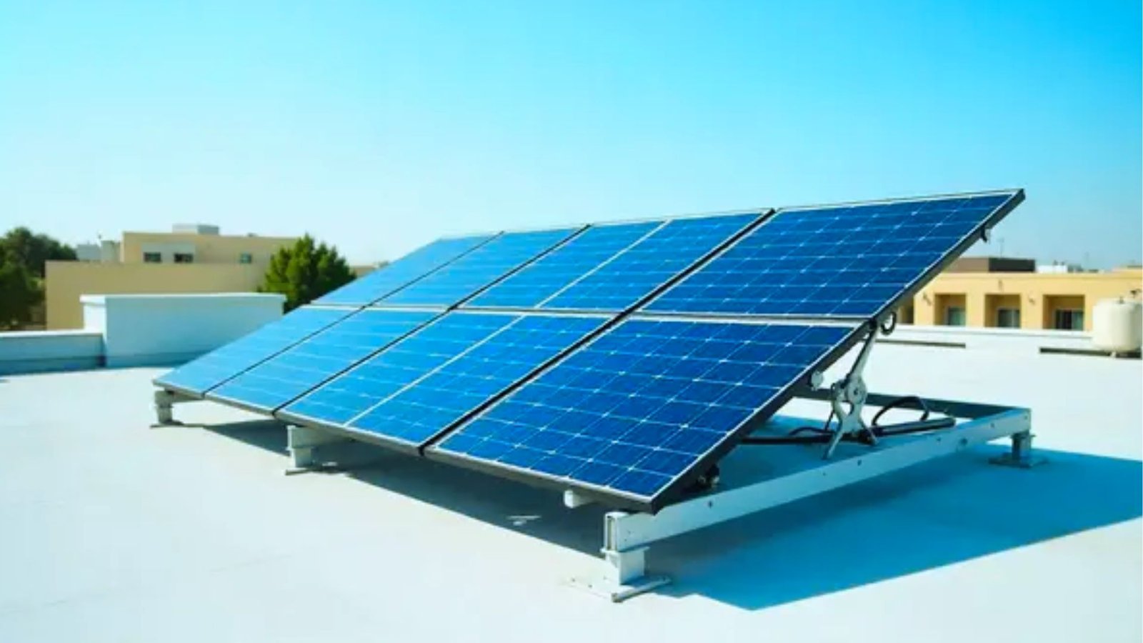 Solar panels installed on a rooftop in an urban setting, showcasing renewable energy use in a city environment.

