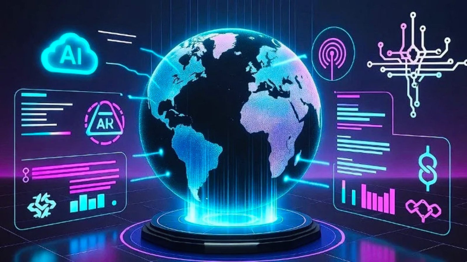 A futuristic concept image illustrating interconnected devices representing the future of the Internet of Things.