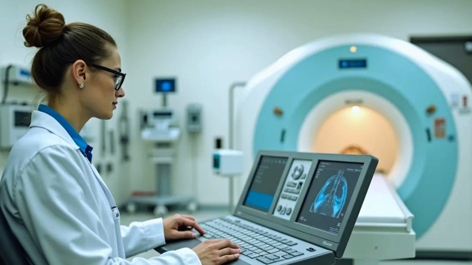 A woman in a lab coat is focused on her laptop, working in a laboratory setting.