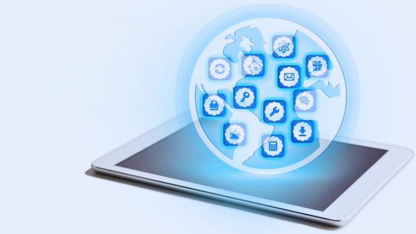 Tablet PC displaying various social media icons on its screen, showcasing connectivity and digital interaction.
