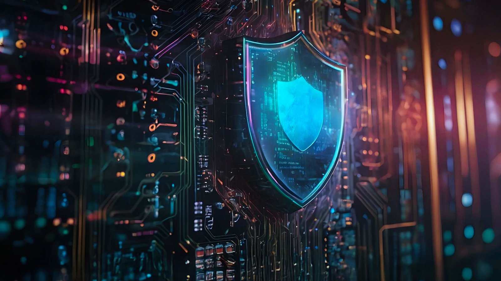 A shield icon overlaid on a circuit board design, set against a blue background.