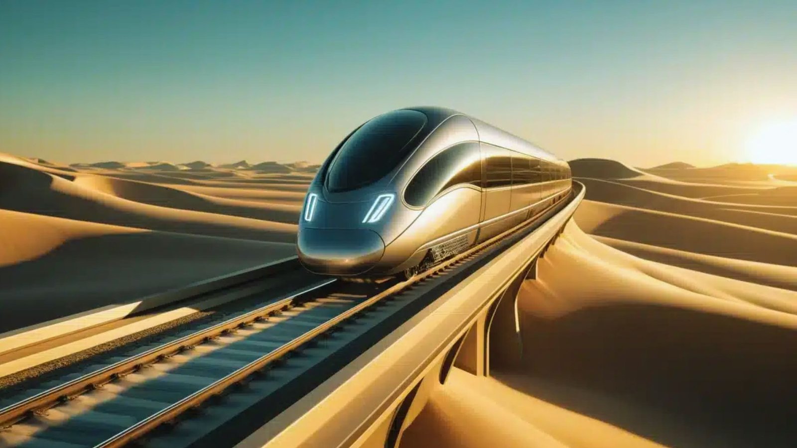  A sleek futuristic train speeds through a vast desert landscape under a clear blue sky.
