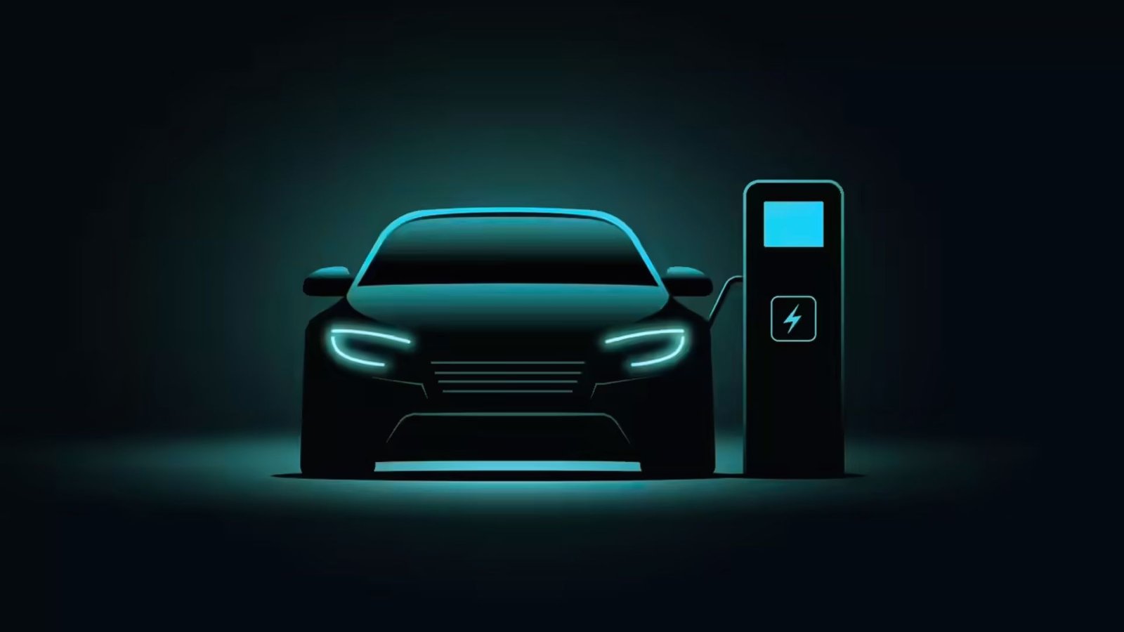  Electric car charging at a charging station under a night sky, illuminated by soft lights.