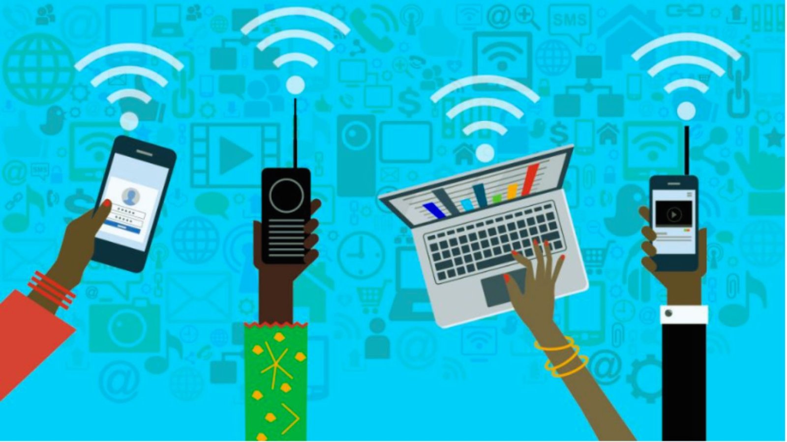 Hands holding smartphones and laptops displaying Wi-Fi symbols, symbolizing connectivity and technology use.
