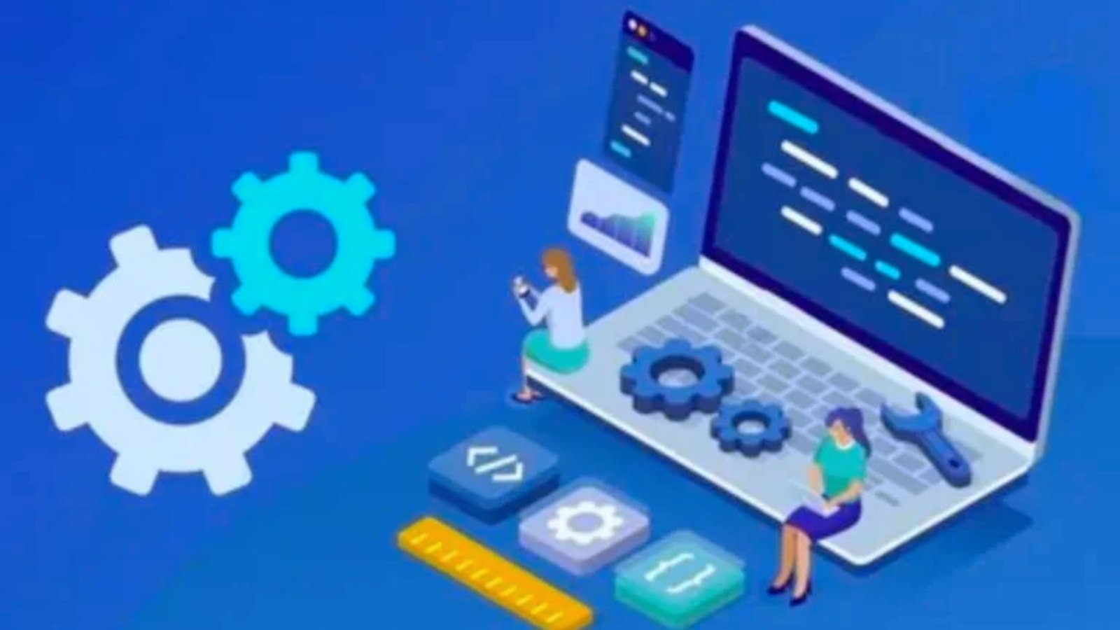  A laptop with gears and a person sitting on it, symbolizing technology and innovation in a creative workspace.
