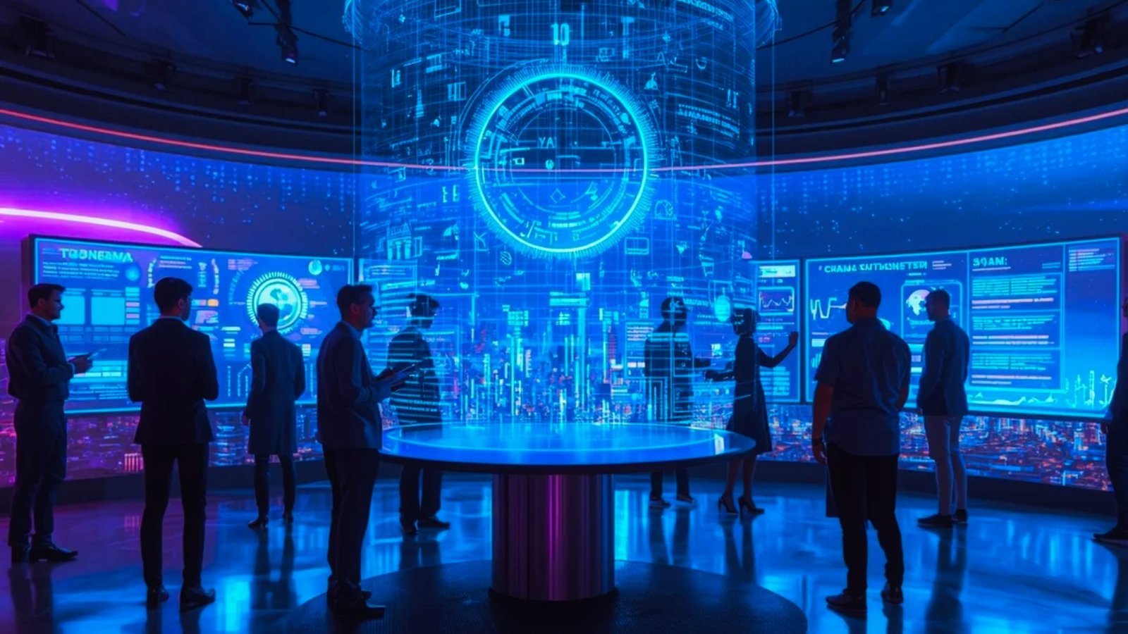  Business professionals collaborate in a sleek, futuristic office featuring a large digital screen displaying data.