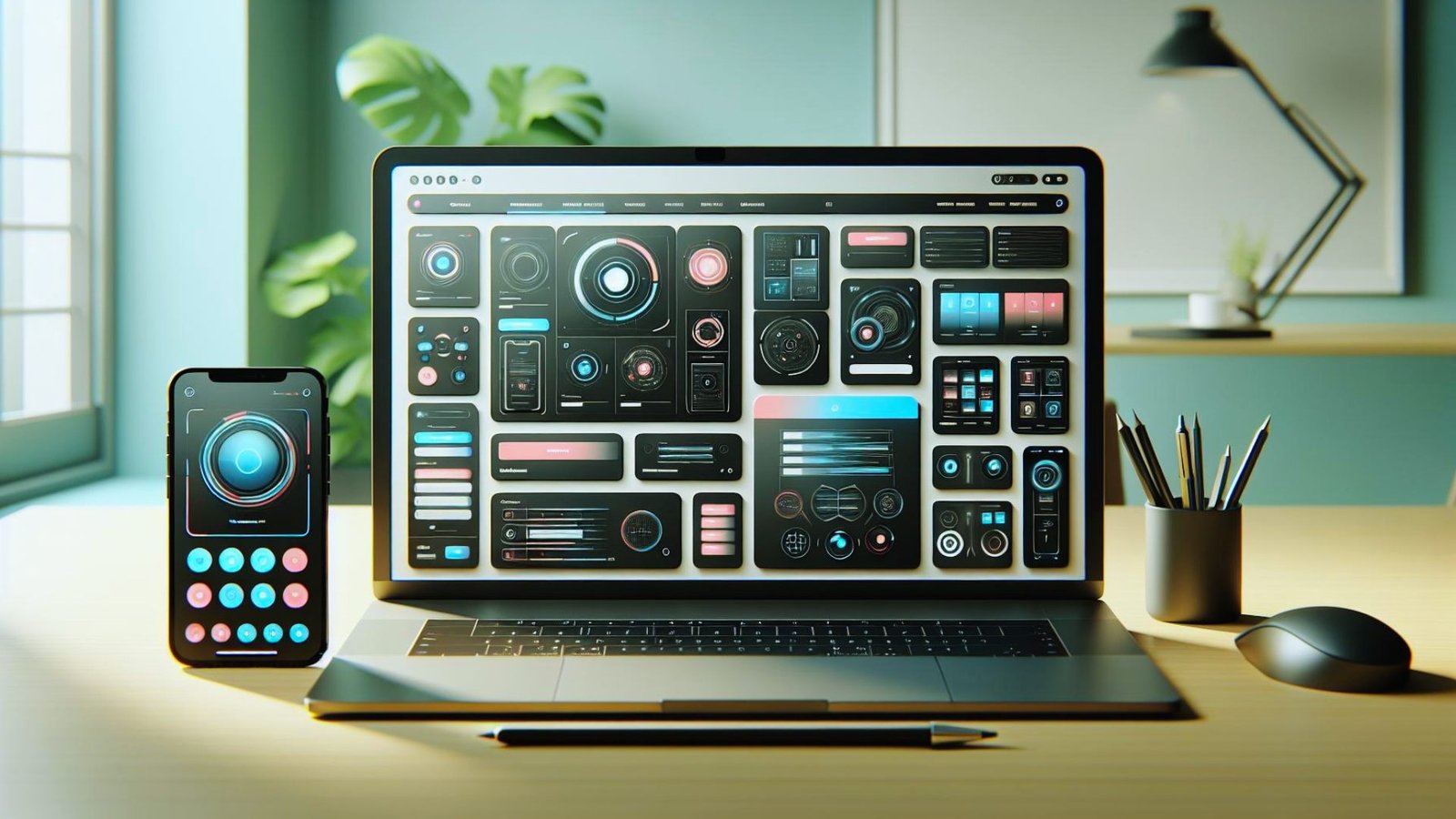 A laptop and smartphone on a desk beside a desktop computer, showcasing a modern workspace setup.