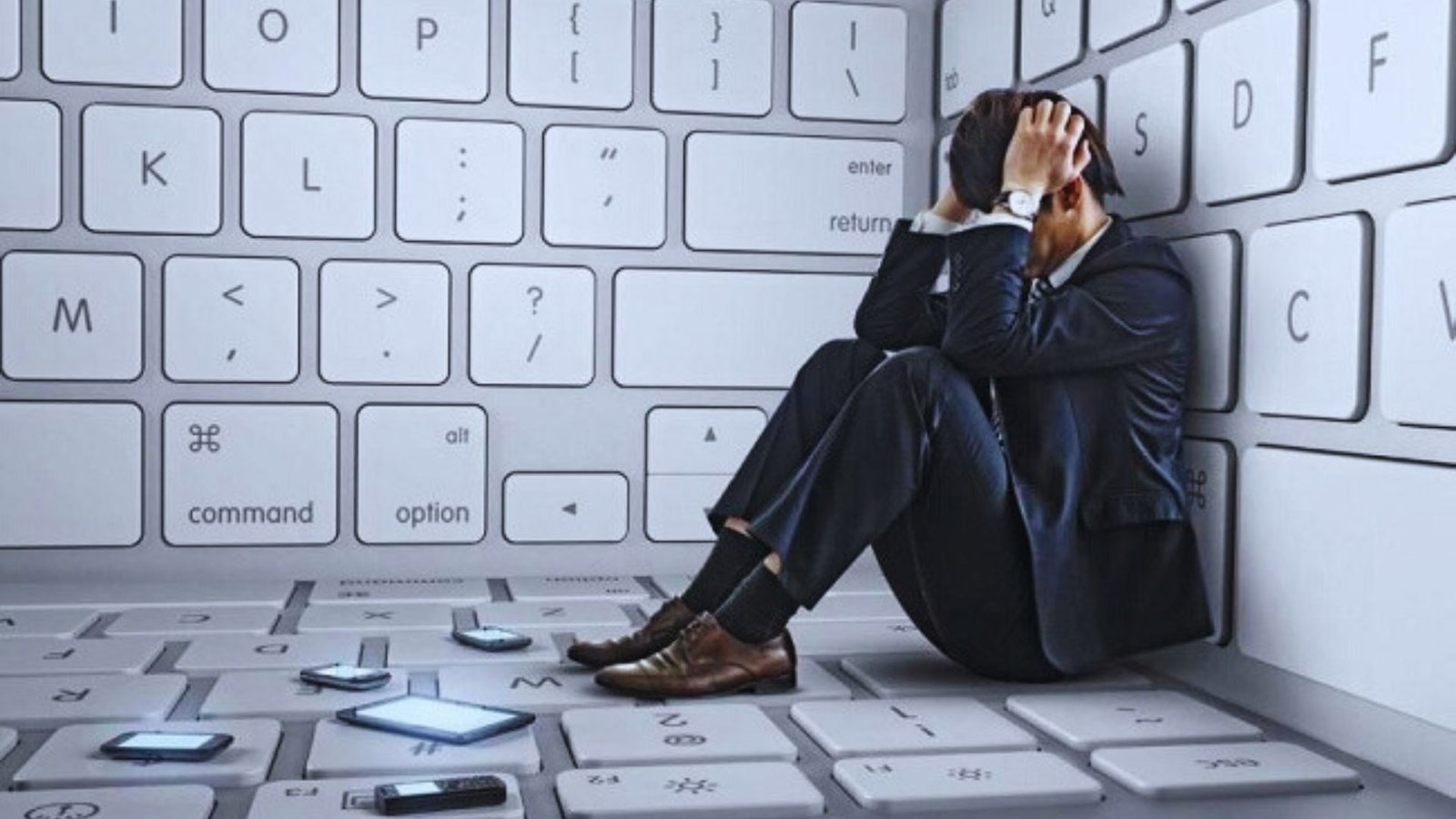 A man sitting on the floor, visibly distressed, with his head resting in his hands.