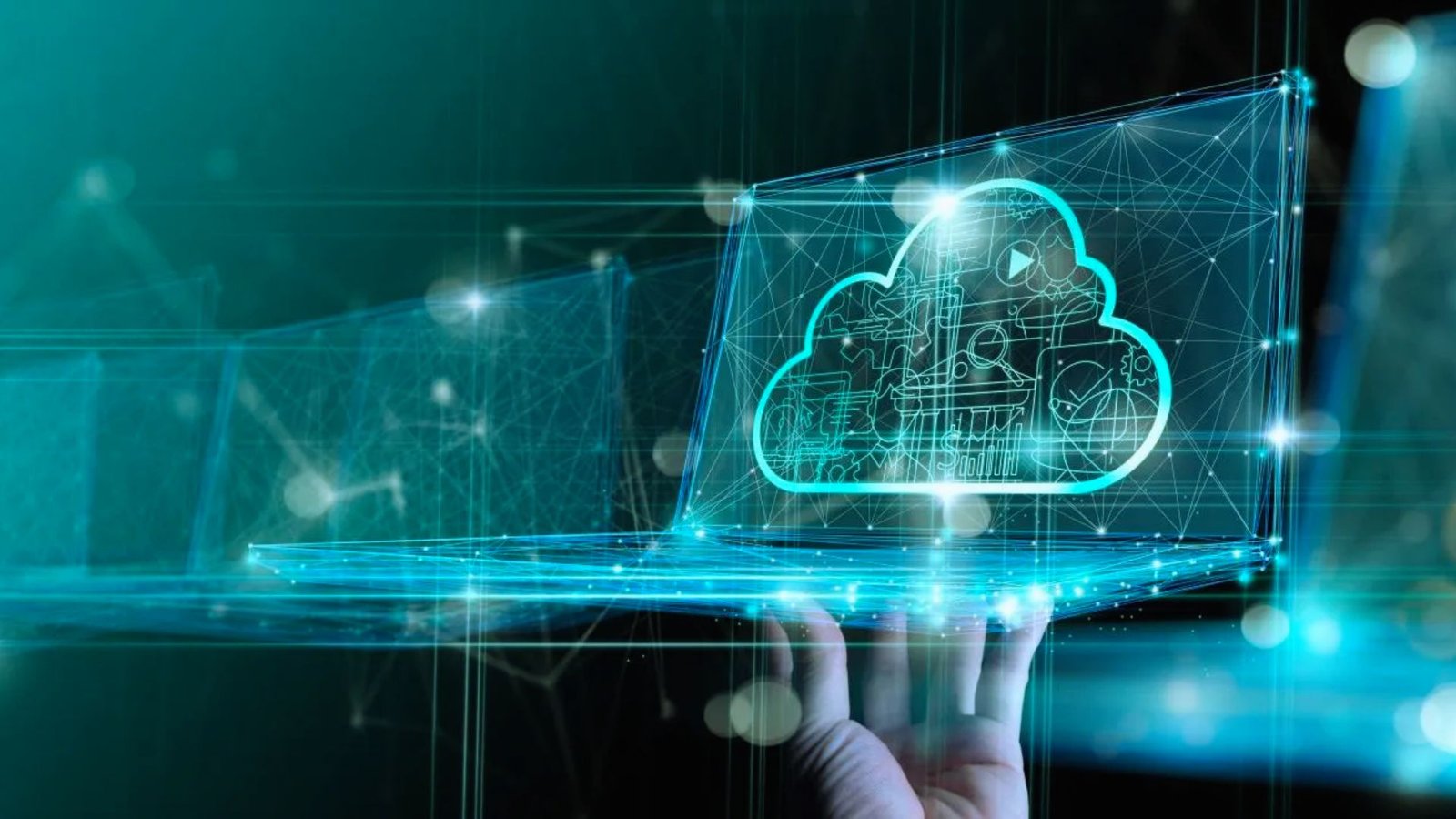  A futuristic graphic illustrating cloud computing as the key to modern business innovation and efficiency.