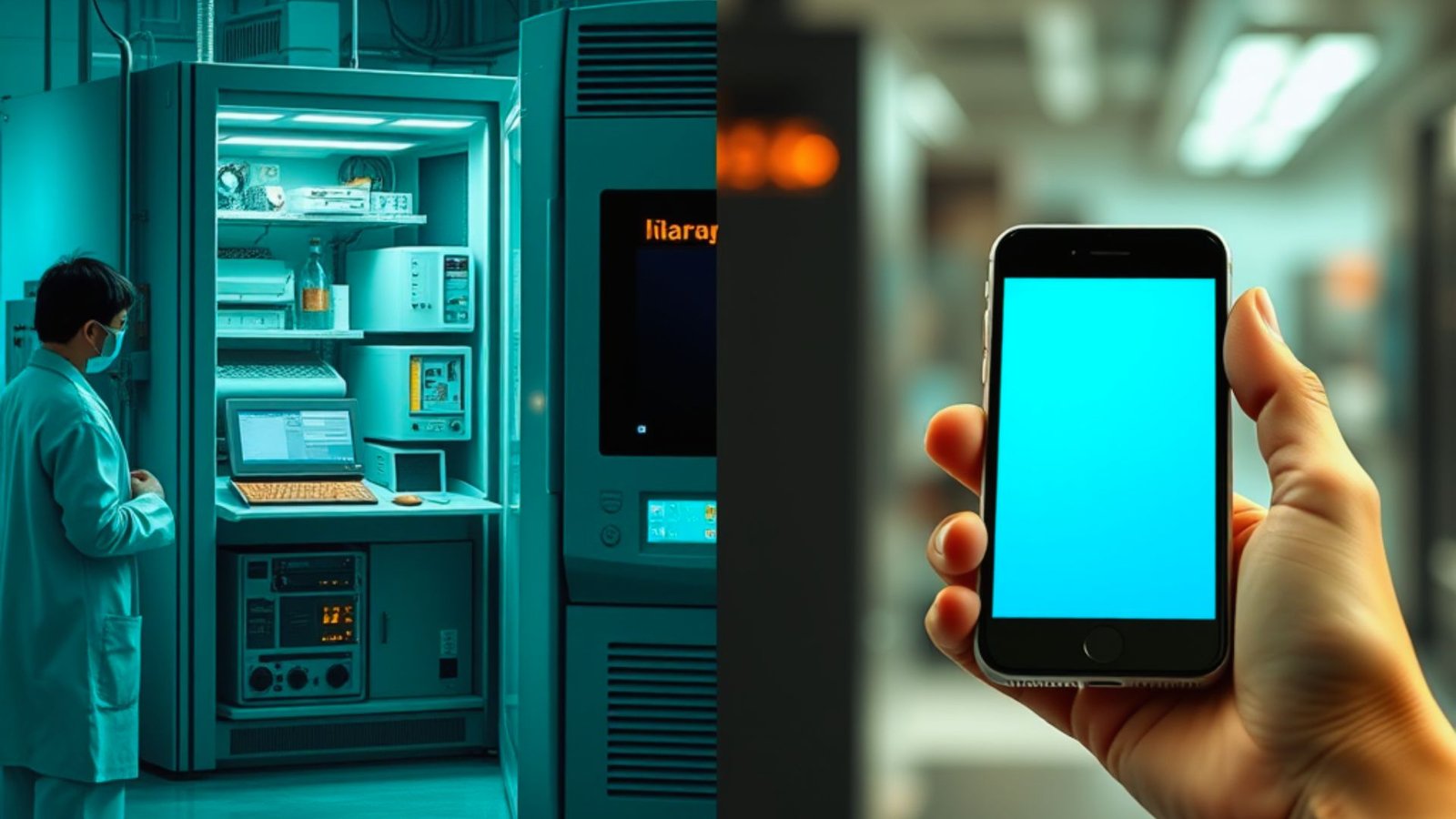  A person holds a cell phone beside a machine, possibly interacting with it or capturing information.